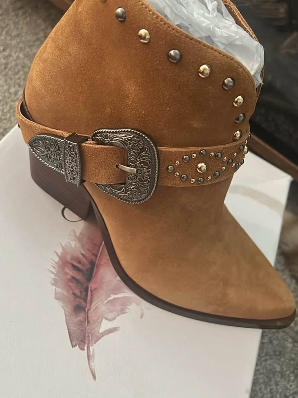 Jessica Simpson Tan Suede Studded Western Buckle Ankle Bootie
